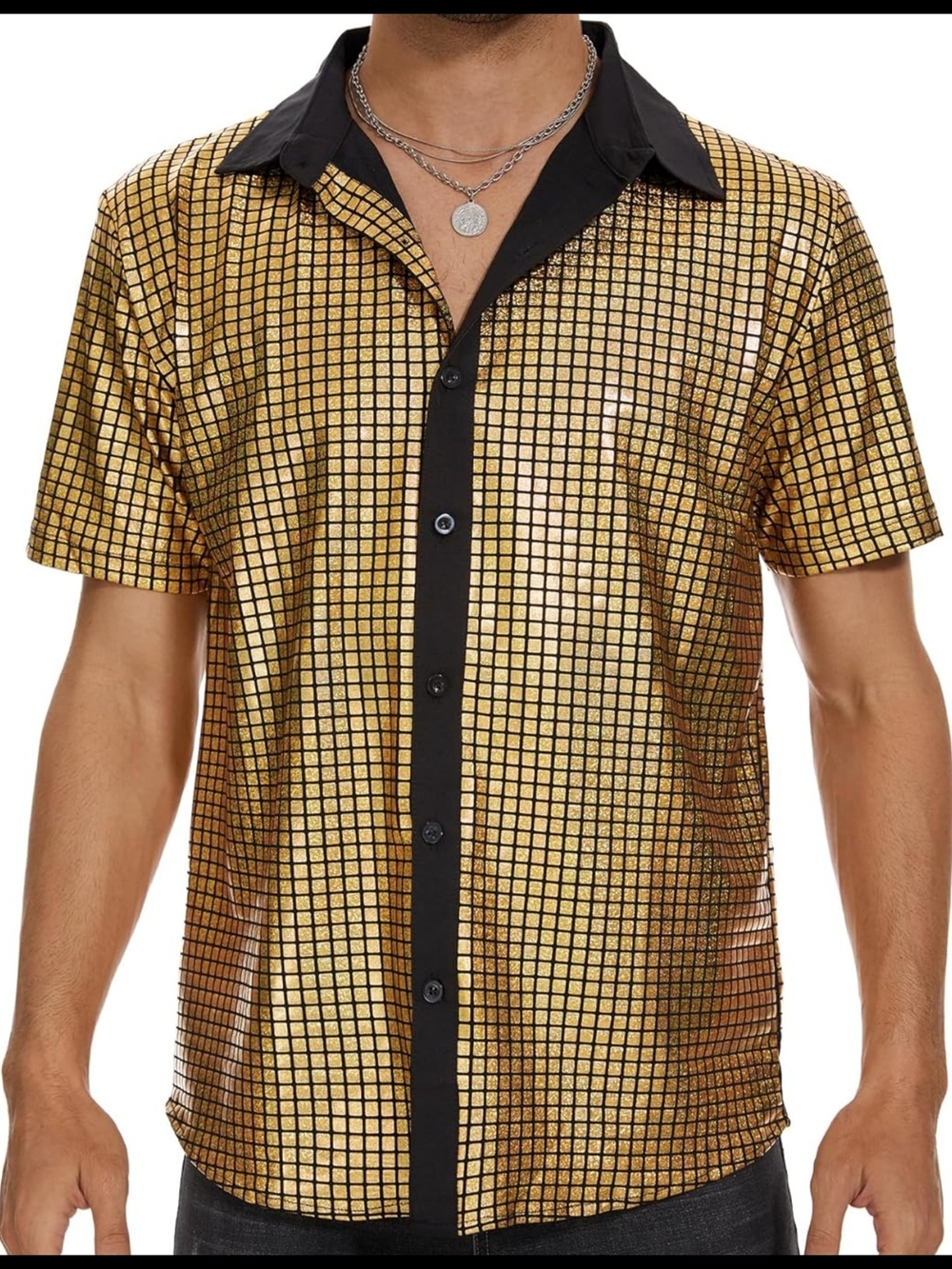 Men's Metallic Gold Short-Sleeve Button-Down Shirt with Black Trim